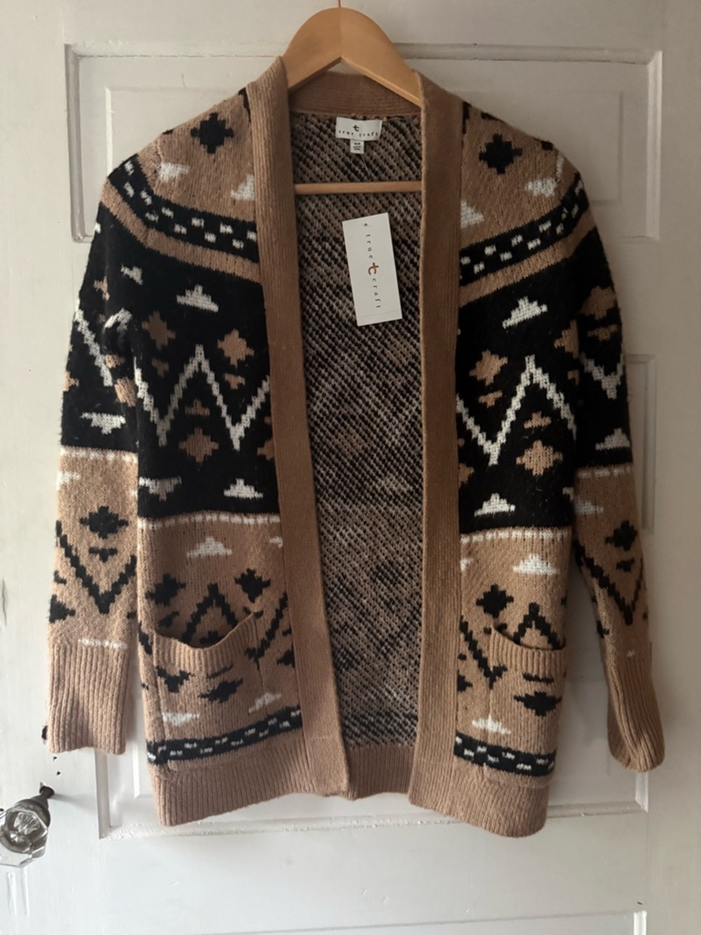 True Craft Open Knit Cardigan - Black & Camel